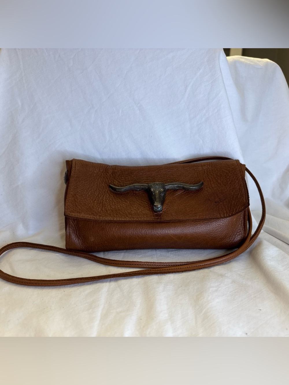 Two Bar West Longhorn Cognac Pebbled Leather Crossbody Purse
